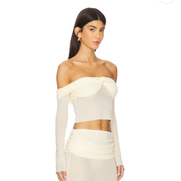 Natalie Rolt Tops - Natalie Rolt Charlotte Crop Top Off Shoulder Long Sleeve in Vanilla Mesh Small